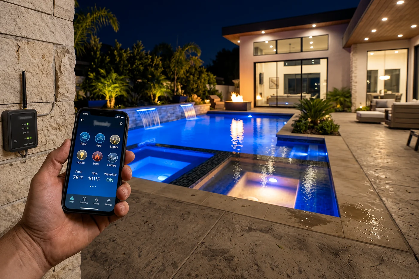 Pool automation control with illuminated pool at night
