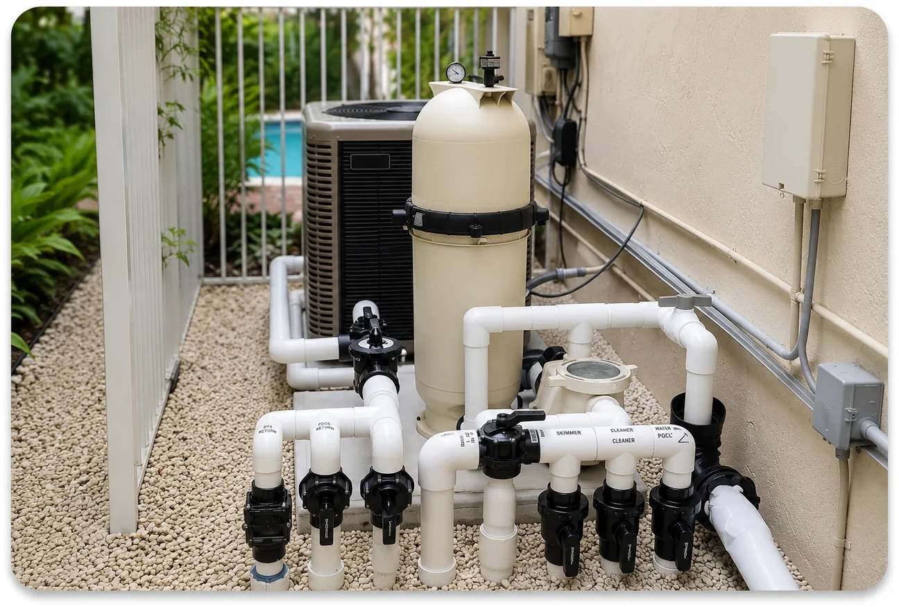 Pool equipment area with pump, filter and valves