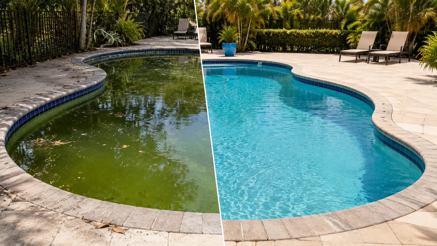 Before and after green pool recovery comparison