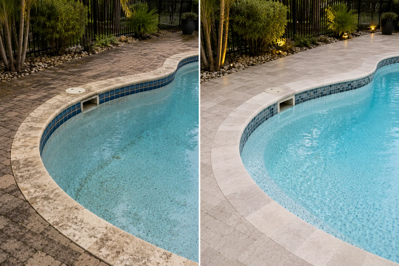Before and after pool upgrade with new tile and pavers