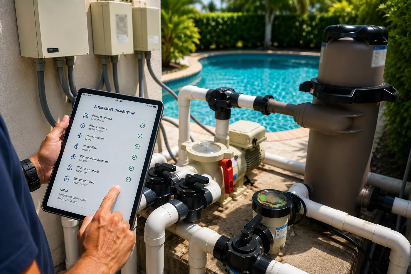 Pool equipment inspection with tablet and pool in background
